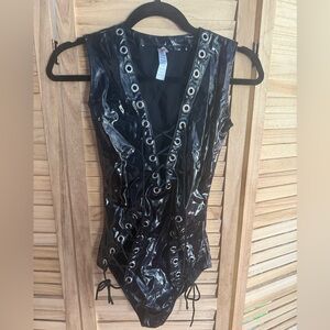 Forplay Black Patent Lace-Up Bodysuit